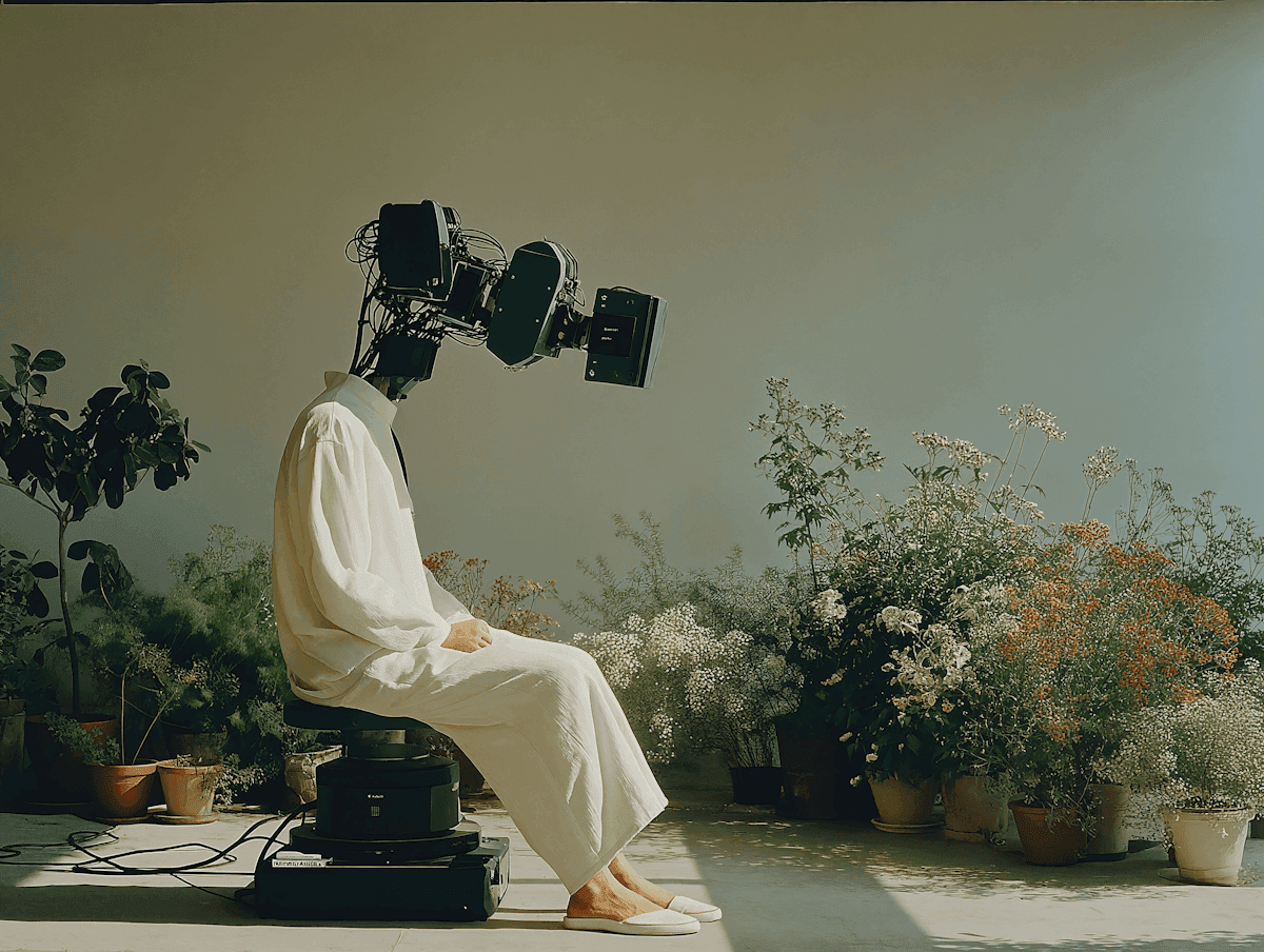 Surreal portrait of a seated figure with a robotic camera head among plants